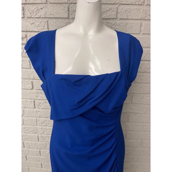 Tahari ASL Women Blue Square Neckline Front Ruched Sheath Dress Size 10 - Picture 3 of 10